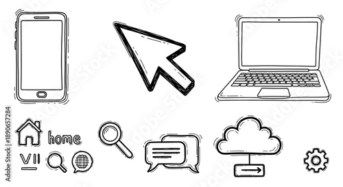 Hand-drawn doodle style icons representing technology and internet concepts.
