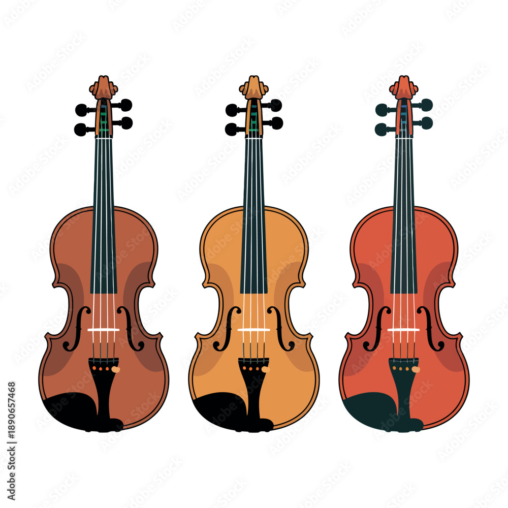 Fototapeta premium Three colorful violins standing upright side by side on a white background
