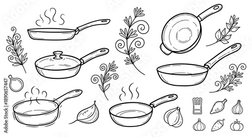 Hand-Drawn Kitchenware - Skillets, Pans, Herbs, and Garlic Illustration.