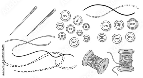 Hand-drawn sewing kit essentials - needles, buttons, and thread spools.