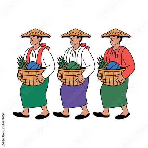 Three people in traditional Asian clothing carrying baskets of fresh produce