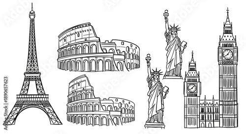 Iconic landmarks from around the world in detailed black and white illustration.