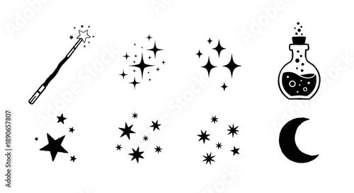 Magical Elements - Wand, Stars, Potion, and Moon Symbols.