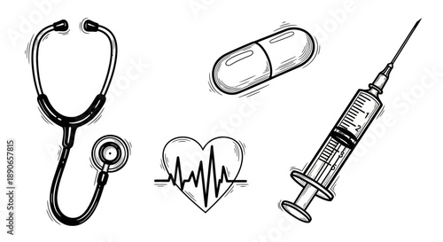 Medical equipment illustration featuring stethoscope, pill, heart, and syringe.