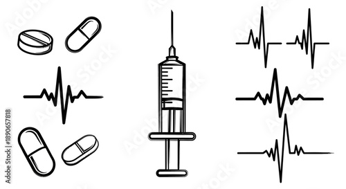 Medical illustration featuring pills, syringe, and heart rate monitor.