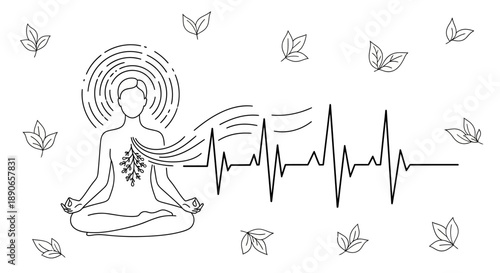 Meditating figure with energy waves and heartbeat line representing inner peace.