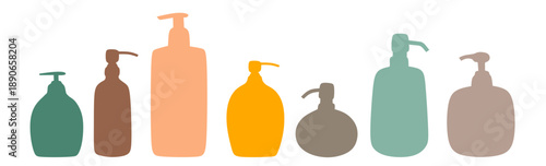 Minimalist Pump Bottle Set Vector Illustration, Modern Soap, Shampoo and Lotion Dispensers in Pastel Colors, Cosmetic and Hygiene Packaging Collection - vektor, png, isolated, transparent background