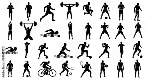 Collection of black silhouettes depicting people engaged in various sports and physical activities like running, swimming, weightlifting, and ball games.