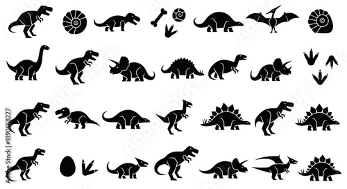 A comprehensive collection of black silhouette dinosaur icons, including various species, fossils, bones, eggs, and footprints, on a clean white background.