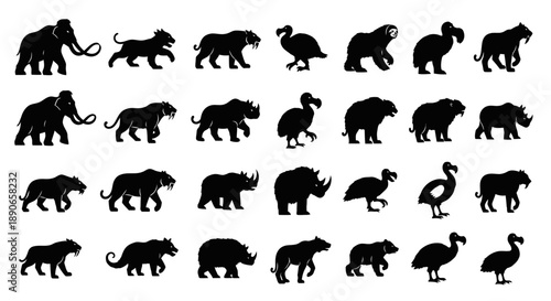 Silhouettes of various prehistoric and extinct animals including mammoths, saber-toothed tigers, woolly rhinos, dodos, and giant sloths.