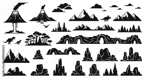 A collection of black silhouette illustrations depicting various natural landscapes including volcanoes, mountains, caves, forests, and dinosaurs.