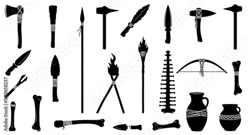 Collection of ancient and primitive tools, weapons, and artifacts silhouettes.