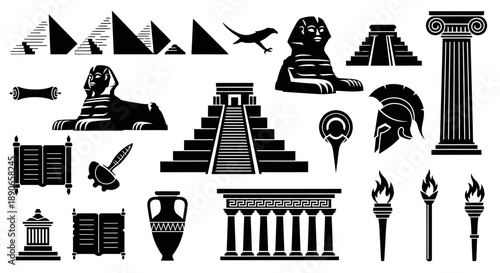 Black and white silhouettes of ancient Egyptian, Greek, Roman, and Mesoamerican historical symbols and artifacts.
