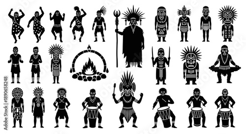 Collection of tribal people silhouettes, including dancers, drummers, shamans, and masked figures, representing indigenous culture and ancient rituals.