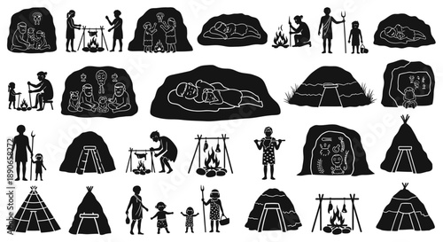 Silhouettes depicting prehistoric human life, including cave dwellers, hunter-gatherers, early shelters, and ancient activities like cooking and fire-making.