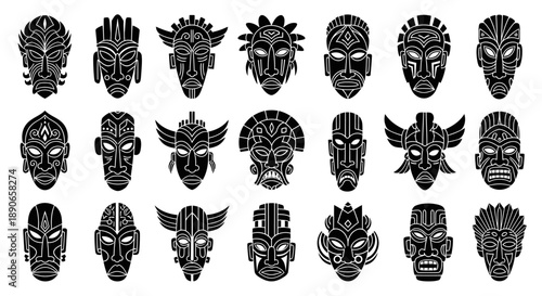 Collection of 24 stylized black and white tribal masks with intricate patterns and distinct features.