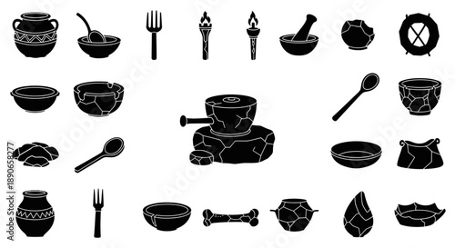 A collection of black silhouette icons depicting ancient and primitive kitchenware, pottery, and tools for daily life.