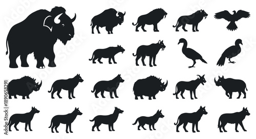 Collection of black silhouettes depicting various wild animals including bison, lions, rhinos, wolves, and birds, isolated on a white background.