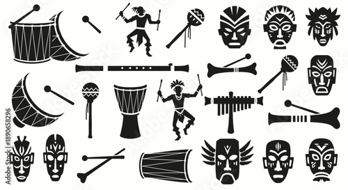 A collection of black silhouette icons depicting African tribal masks, traditional musical instruments, and drummers on a white background.