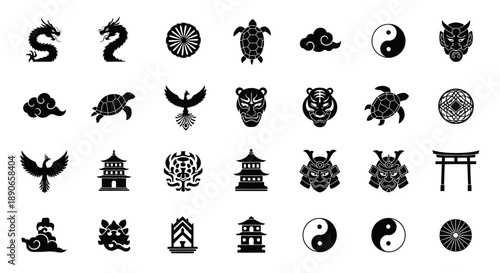 A collection of black and white Japanese and Asian cultural and mythological icons, including dragons, tigers, phoenixes, pagodas, and yin-yang symbols.