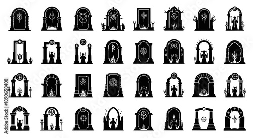 A comprehensive collection of black silhouette icons depicting various fantasy and gothic archways, mystical gates, and ancient tombstone designs with symbolic elements.