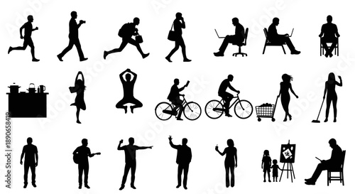 Collection of black silhouettes depicting various people engaged in everyday activities and hobbies.