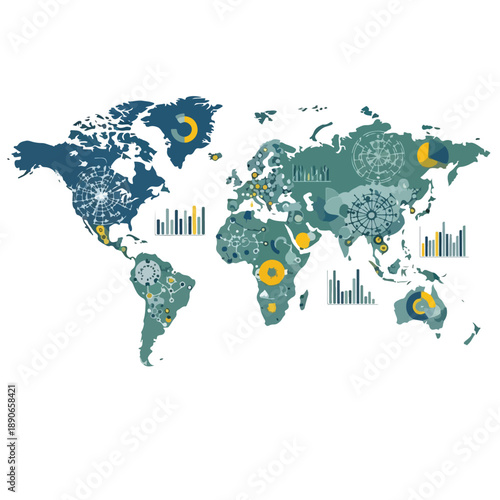 World Map with Data Visualizations and Charts 1.