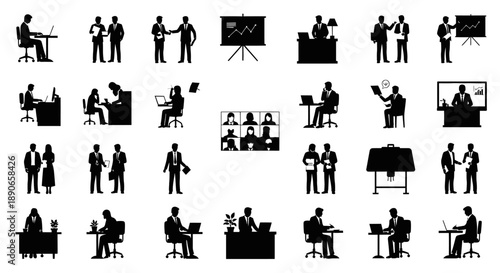 Collection of black silhouette icons depicting business people working, meeting, collaborating, and presenting in various office and professional settings.