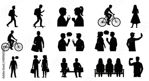 Silhouettes of people using mobile phones and interacting in various daily activities.