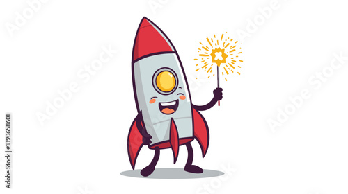 Cartoon rocket character holding sparkler