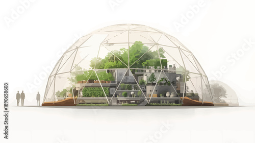 Sustainable futuristic geodesic dome eco structure with lush greenery