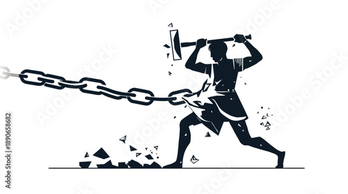 Man breaking free from chains with axe, symbolizing liberation and strength