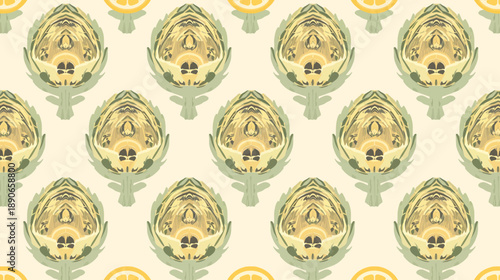Vintage floral pattern with green and yellow artichoke illustrations