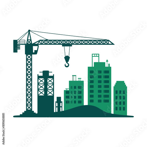 A green graphic illustration of a city skyline under construction with a crane