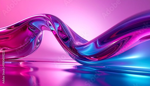 Abstract wave structure featuring shiny chrome metal surface reflecting vibrant pink magenta and neon blue light creating a futuristic dynamic background design perfect any project.