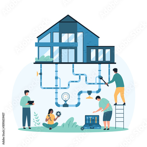 Installation and repair of water supply pipelines in basement of modern building, Tiny people install pipes connection and valves, inspection of system by technicians cartoon vector illustration