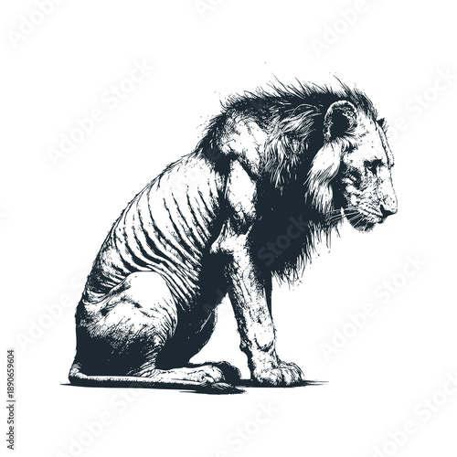 a thin African lion sitting still, head slightly lowered, mane sparse and uneven