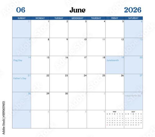June Month 2026 Calendar Page with Holidays and Celebrations of the United States.