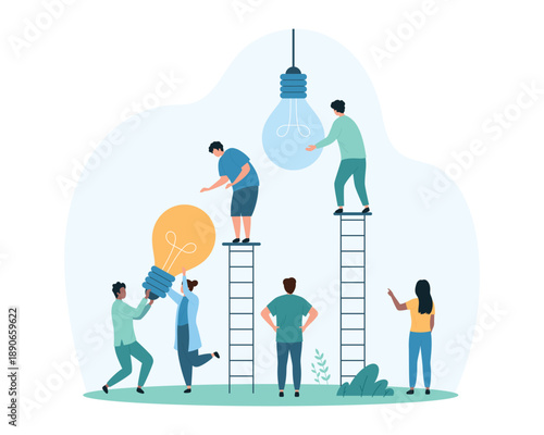Change to new innovation, transform solutions with creative ideas, improvement and reorganization of management. Tiny people replace dark old light bulb with bright lamp, cartoon vector illustration