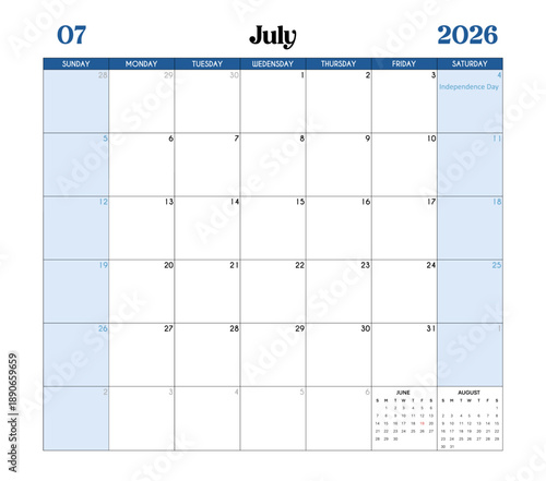 July Month 2026 Calendar Page with Holidays and Celebrations of the United States.
