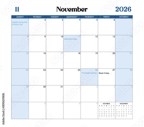 November Month 2026 Calendar Page with Holidays and Celebrations of the United States.