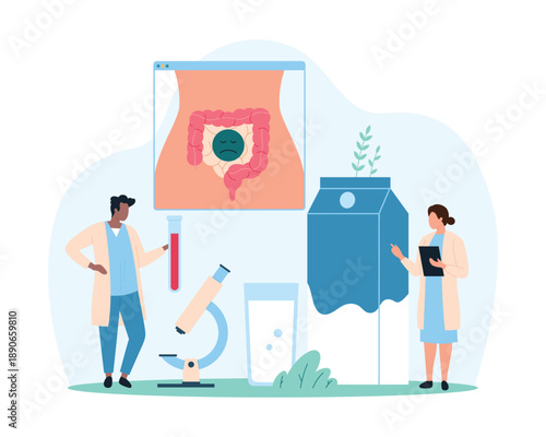 Lactose intolerance, food allergy to dairy products. Tiny people examine blood sample in test tube through microscope, warning about intolerant bowel and inflammation cartoon vector illustration