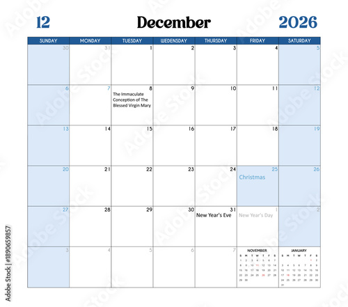 December Month 2026 Calendar Page with Holidays and Celebrations of the United States.