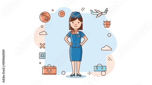 Illustration of a smiling female flight attendant in uniform surrounded by various travel and aviation icons on a light background.