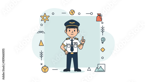 Cartoon pilot character in uniform with hat, pointing up, surrounded by various travel and aviation-related icons.