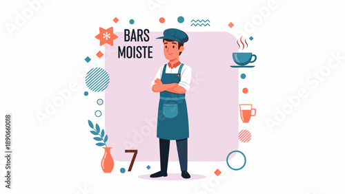 Flat illustration of a male barista or waiter standing with crossed arms, surrounded by coffee-related items and abstract decorative elements.
