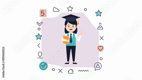 Cartoon illustration of a smiling female graduate student wearing a cap and gown, holding a book, surrounded by various educational and achievement icons.