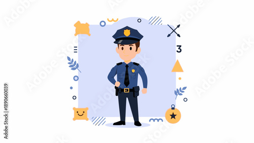 Cartoon illustration of a male police officer standing in uniform with a cap, against a light blue background with abstract shapes.
