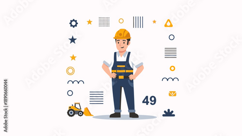 An illustration of a confident construction worker wearing a hard hat and overalls, surrounded by industrial and geometric elements, with a small bulldozer.