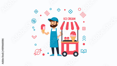 Cartoon illustration of a smiling ice cream vendor standing next to his cart, holding a popsicle, surrounded by decorative elements.